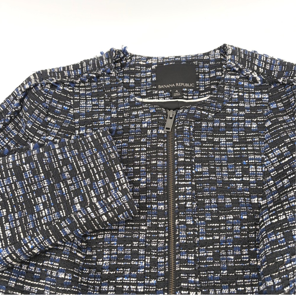 Banana Republic Tweed Jacket Womens Size 4 Black Blue Fringe Trim Career